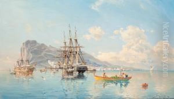 Swedish Frigate At Anchor In The Roadstead Offgibraltar Oil Painting by Af Herman Sillen