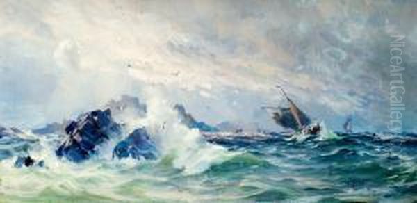 Skepp Vid Branningar Oil Painting by Af Herman Sillen