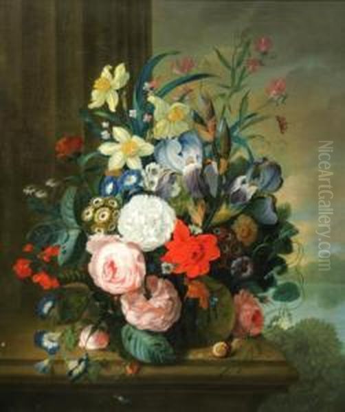 Still Life Of Flowers On A Marble Ledge Oil Painting by James Sillett