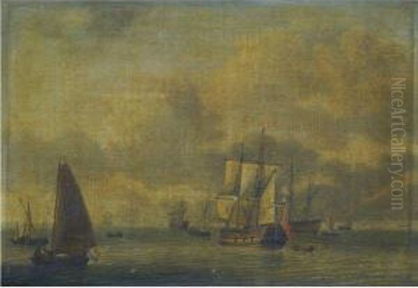 A Dutch Man O'war And Other Sailing Vessels In Calm Waters Oil Painting by Adam Silo