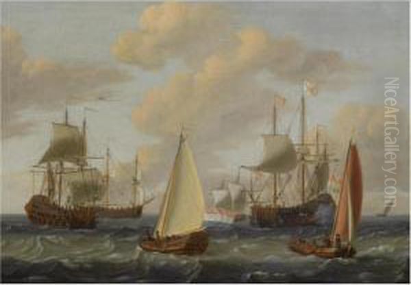 Dutch Merchant Men, A Kaag And Other Sailing Vessels In Choppy Waters Oil Painting by Adam Silo