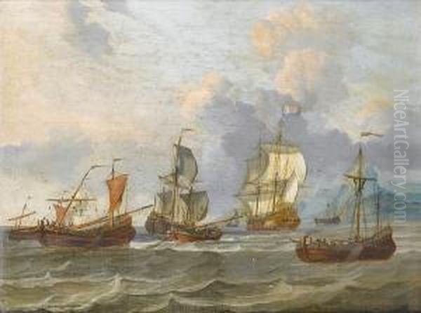 Two Dutch Men O'war, Sloops And Other Vessels In Choppy Waters, Off A Mountainous Coastline Oil Painting by Adam Silo