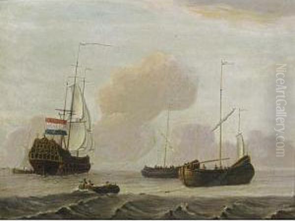 A Dutch Ship And Two Fishing Boats In A Moderate Breeze At Sea Oil Painting by Adam Silo