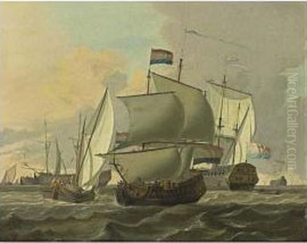 Merchantmen, A Kaag And Other Sailing Vessels In A Stiff Breeze Oil Painting by Adam Silo