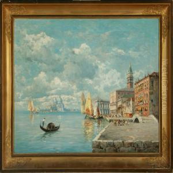 Fishing Vesels Moored At The Molo, Venice Oil Painting by Ferdinando Silvani