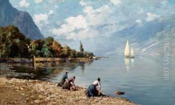 Lavandaie Sul Lago Di Garda Oil Painting by Ferdinando Silvani