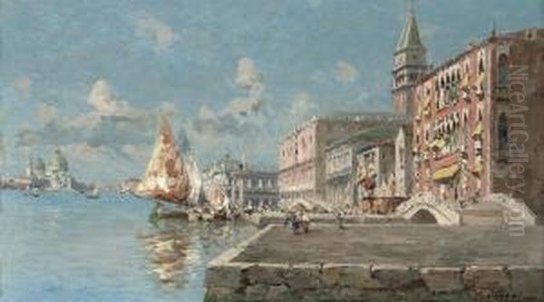 Fishing Vessels Moored At The Molo, Venice Oil Painting by Ferdinando Silvani