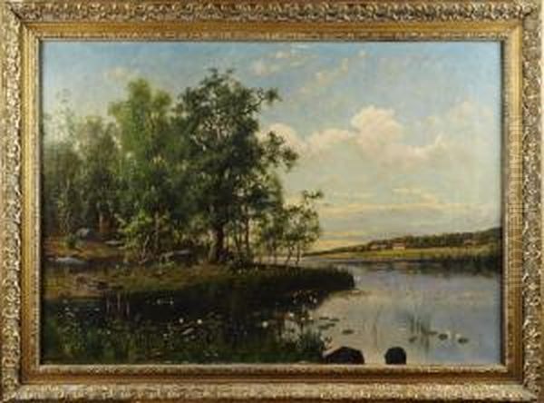 Insjolandskapmed Nackrosor Oil Painting by Jacob Johan Silven