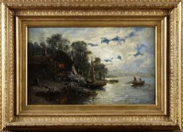 Insjolandskap Medbat Oil Painting by Jacob Johan Silven