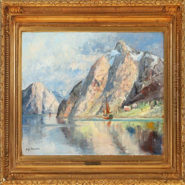 Norwegian Fiordscene Oil Painting by Sigvard Simensen