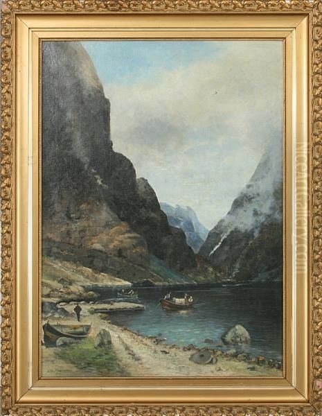 A Norwegian Fiord With Passenger Ship And Dinghys. Signed Sigv. Simensen Oil Painting by Sigvard Simensen