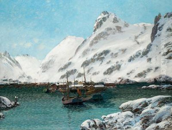 Harbor In The Winter Oil Painting by Sigvard Simensen