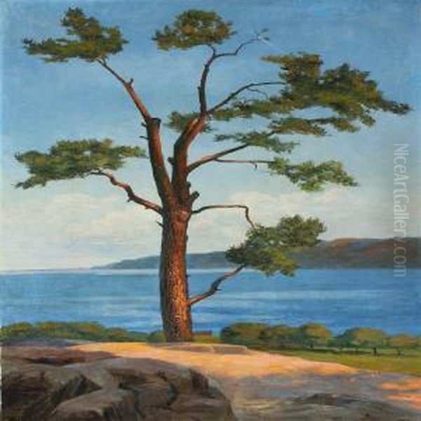 Coastel Sceneri With Tree Oil Painting by Viggo Rasmus Simesen