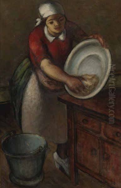 Cleaning A Bowl Oil Painting by Simkha Simkhovitch