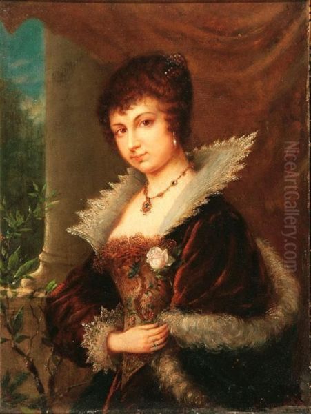 Portrait Of A Court Lady Holding A Pink Rose Oil Painting by Julius Simmonds