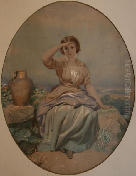 Oval Portrait Of A Young Woman Seated By A Water Carrier Within A Continental Landscape Oil Painting by John Simmons