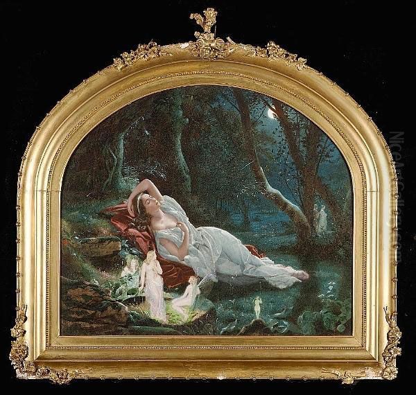 Titania Sleeping In The Moonlight Protected By Her Fairies Oil Painting by John Simmons