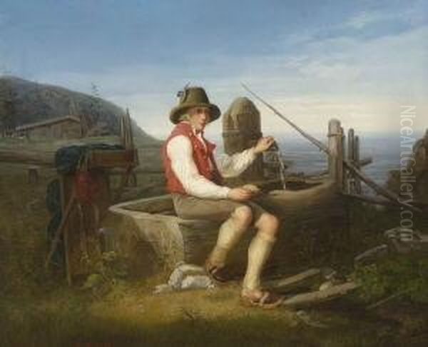 Wanderer Bei Der Rast Am
 Brunnen. Oil Painting by Friedrich Simon