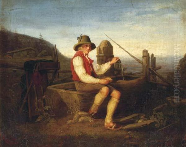 A Shepherd Resting By A Well Oil Painting by Friedrich Simon