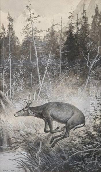 Deer At Dingman's Ferry, Pike County, Pa Oil Painting by Hermann Gustave Simon