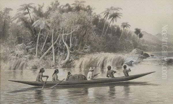 Jungle Landscape With Canoe Oil Painting by Hermann Gustave Simon