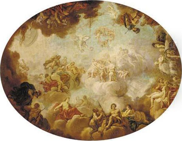 An Assembly Of The Gods - A Modello For A Ceiling Oil Painting by Jean Simon