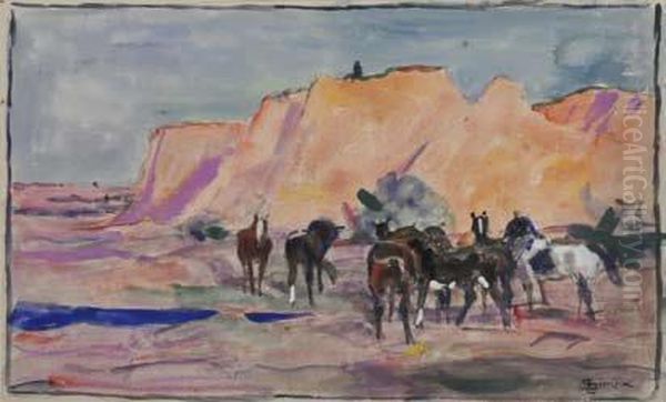 Chevaux Devant Les Collines Aquarelle Signee En Bas A Droite 30 X 49,5 Cm Oil Painting by Lucien Simon