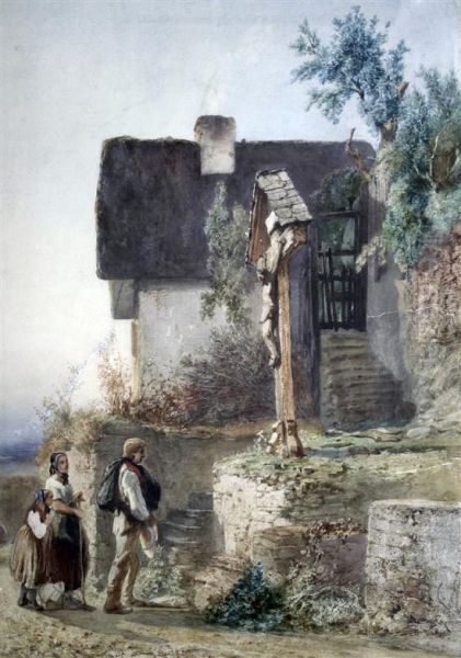 Figures Beside A Roadside Shrine Oil Painting by Gustave Adolphe Simonau