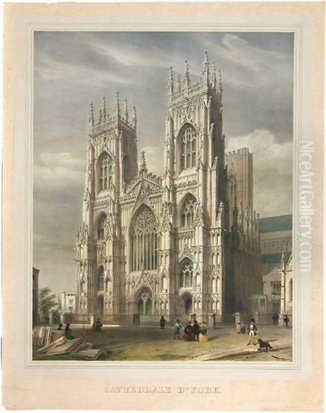 Cathedrale De York; Cathedrale De Salisbury; Cathedrale De Wells Oil Painting by Gustave Adolphe Simonau