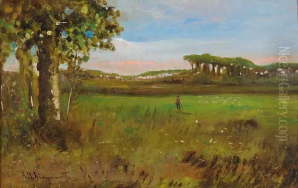 Campagna Romana Con Gregge E Pastore Oil Painting by Amedeo Momo Simonetti