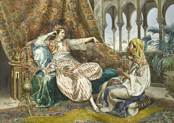 Princesse Orientale Au Narguile Et Musicienne Oil Painting by Ettore Simonetti