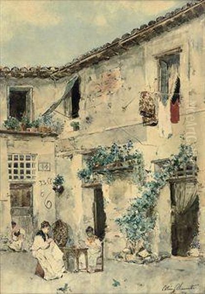 Sewing In The Courtyard Oil Painting by Ettore Simonetti