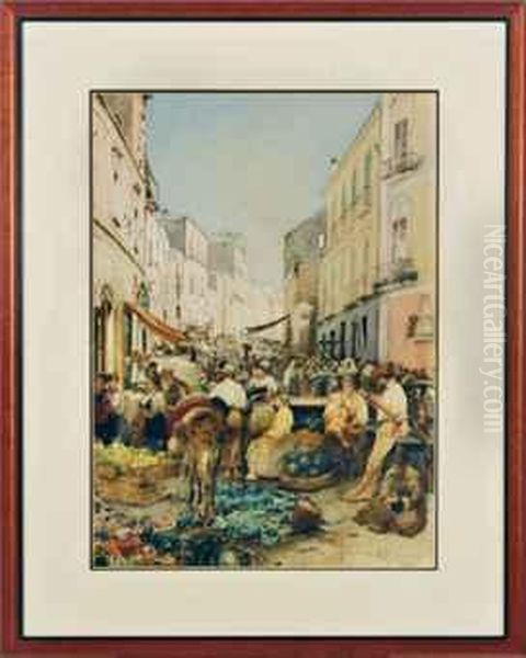 Busy Market Scene In Resina, Italy Oil Painting by Gustavo Simoni