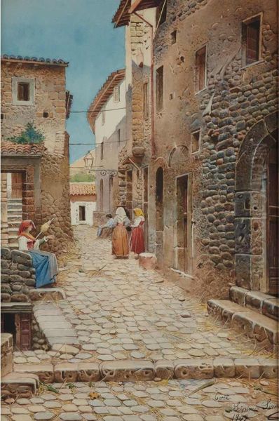 Woman On Cobblestone Street, Italy Oil Painting by Scipione Simoni