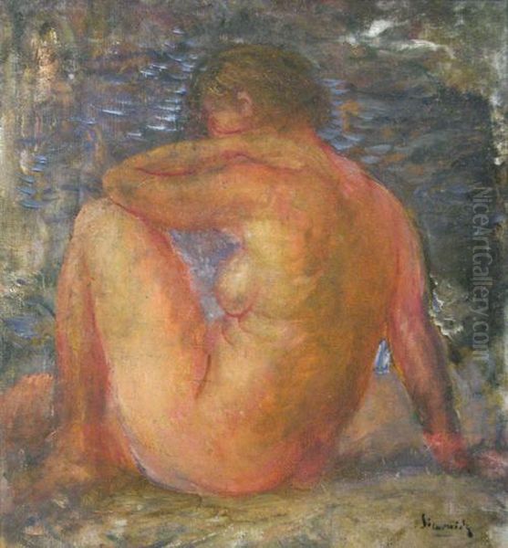 Nude At The Border Of The Water Oil Painting by Mihai Simonidi