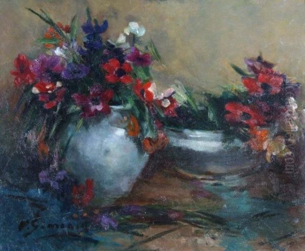 Still Life Of Anemones Oil Painting by Victor Simonin