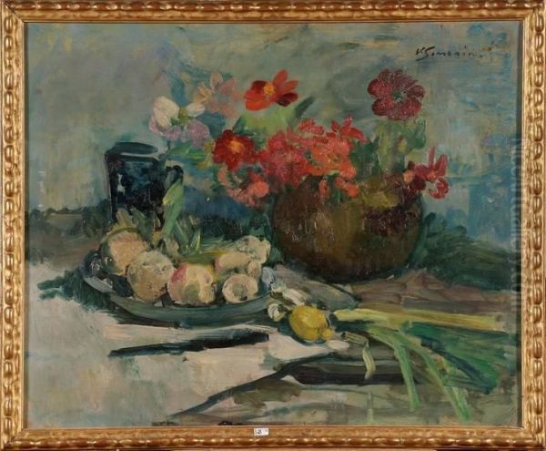 Nature Morte Aux Legumes Et Aux Fleurs Oil Painting by Victor Simonin