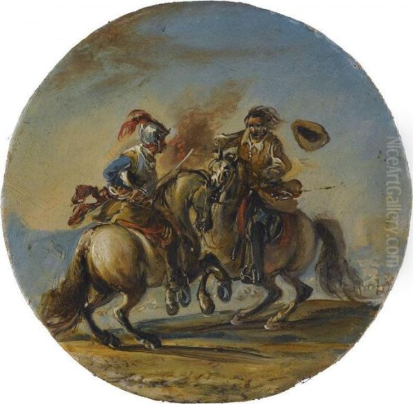 Two Battle Scenes Oil Painting by Francesco Simonini