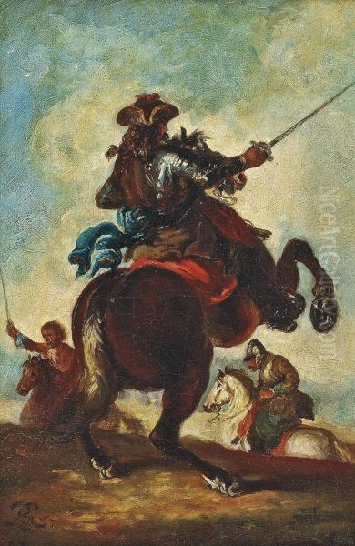 A Battle Scene With A Gentleman In Armour, On Horseback Oil Painting by Francesco Simonini