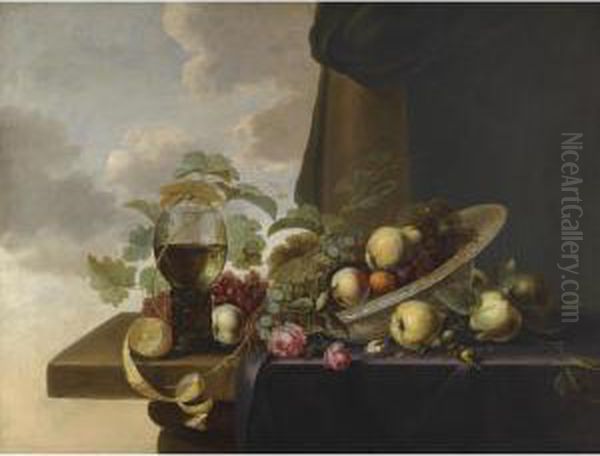 A Still Life With Grapes, Pears, A Peach And Roses In A Waanli Kraak Porcelain Bowl, With A Roemer And A Half-peeled Lemon On A Partly Covered Table Top Oil Painting by Michiel Simons