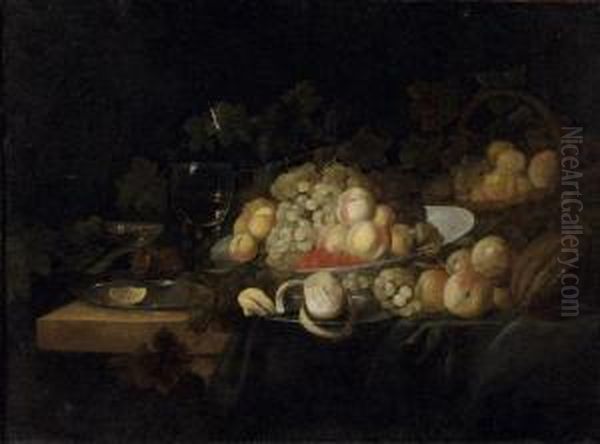 Nature Morte Au Panier Et Au Plat De Peches Et De Raisins Disposes Pres D'un Roehmer Sur Un Entablement Oil Painting by Michiel Simons