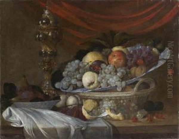 Nature Morte Au Plat De Fruits Et Pokal Sur Un Entablement Oil Painting by Michiel Simons