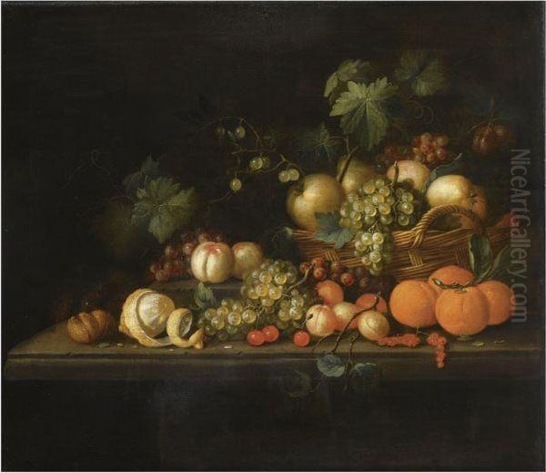 Still Life Of Pears, Blue And White Grapes And Gooseberries In Abasket, Together With Oranges, Apricots, Cherries, Peaches, Ahalf-peeled Lemon And Walnuts, All On A Stone Table Oil Painting by Pseudo Simons