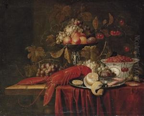 A Lobster, Grapes, Hazelnuts, A Cut Lemon And Shrimp On A Silver Plate, Grapes, Peaches, Plums, And Cherries On A 'tazza' And Strawberries In A Porcelain Bowl, On A Partially Draped Table Oil Painting by Pseudo Simons