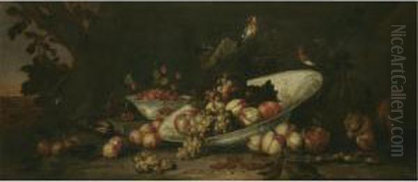 A Still Life Of Fruit Including Grapes, Peaches And An Orange In A Tilted Porcelain Dish, With Redcurrants, Figs, An Open Pomegranate, Raspberries And Other Fruit, Together With A Red Squirrel Eating Hazelnuts And Songbirds Oil Painting by Pseudo Simons