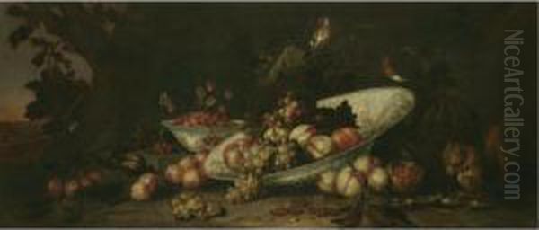 A Still Life Of Fruit Including Grapes On The Vine, Peaches And An Orange In A Tilted Porcelain Dish, With Redcurrants, Figs, An Open Pomegranate, Raspberries And Other Fruit On The Surrounding Ground, Together With A Red Squirrel Eating Hazelnuts And Som Oil Painting by Pseudo Simons