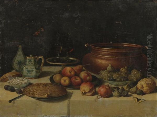 Still Life Of Fruit, A Pie, A Large Copper Pot, A Blue And White Porcelain Pitcher And Vase And Other Objects, All On A Table Oil Painting by Pseudo Simons