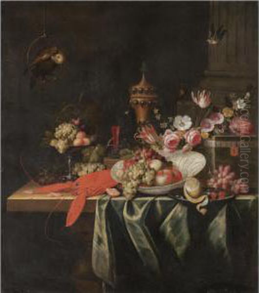 Still Life With Grapes And Apples In A Porcelain Bowl, Cherries And A Partly Peeled Lemon On A Pewter Plate, Together With A Lobster, Shrimps And A Gilt Pokal, All Arranged On A Partly Draped Stone Table, With A Bird Of Prey And Two Songbirds In The Backg Oil Painting by Pseudo Simons