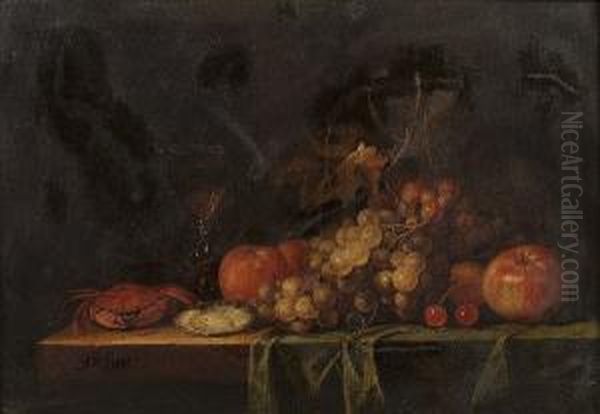 An Oyster, Cherries, Oranges, An Apple And A Glass Of Wine On A Partially Draped Table Oil Painting by Pseudo Simons