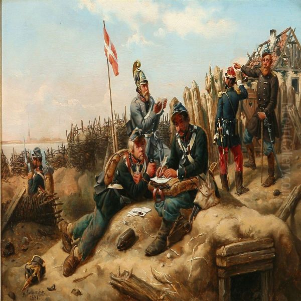 Scene From The First Schleswig War With Danish Soldierswriting Letters Home Oil Painting by Niels Simonsen